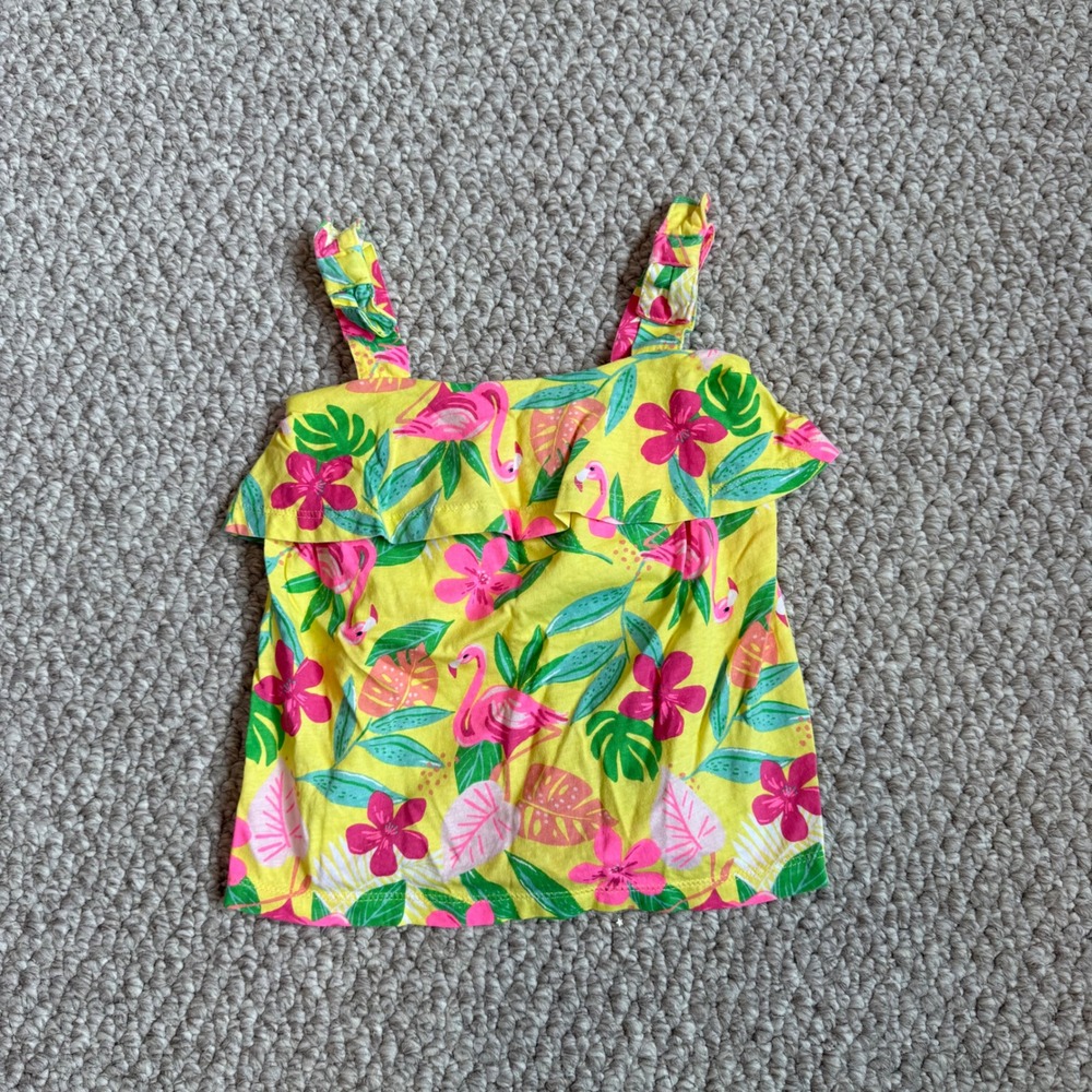 Carter's Yellow Flamingo Floral Ruffle‎ Tank Top Toddler Girls Size 2T Summer